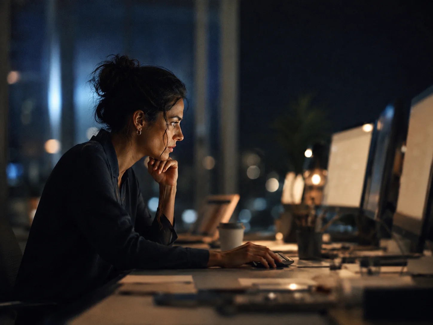 A sales rep working late at a desk with two screens