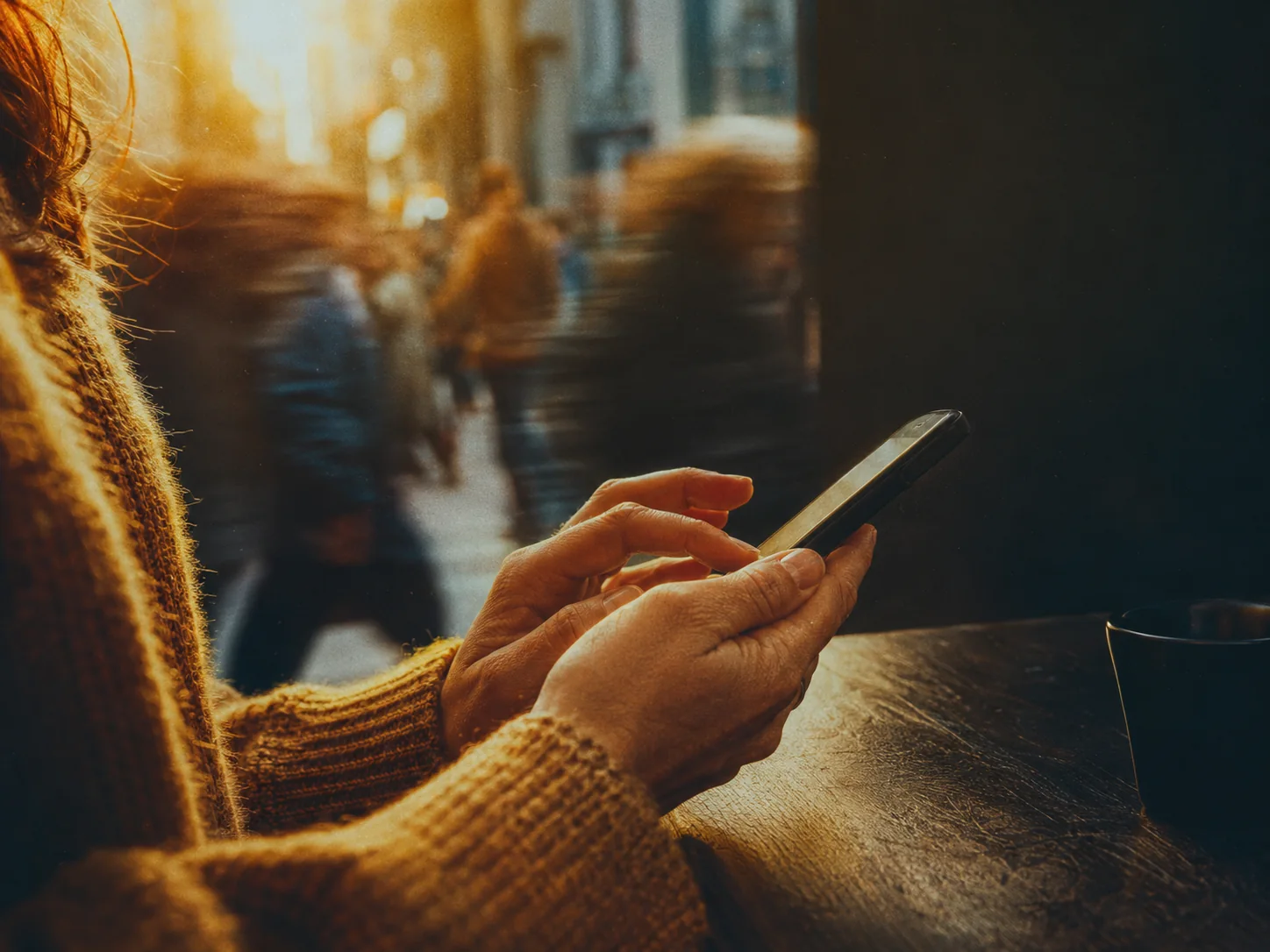 Close-up of hands texting on a phone in a cafe