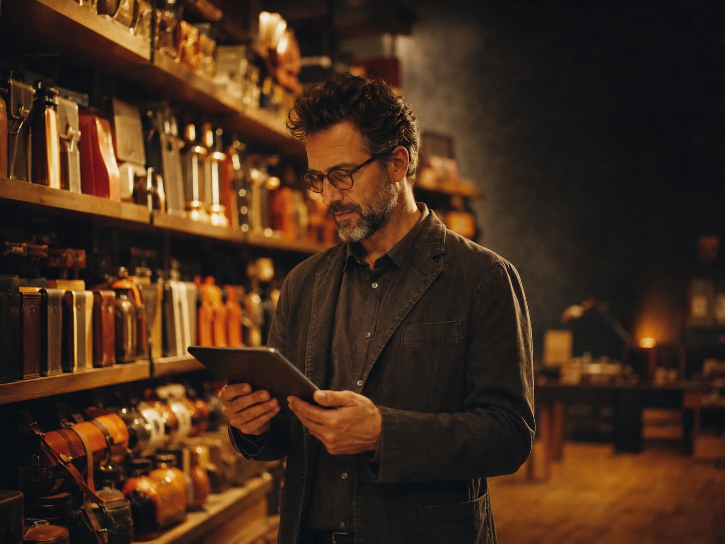 A worker checking stock on a tablet in a store