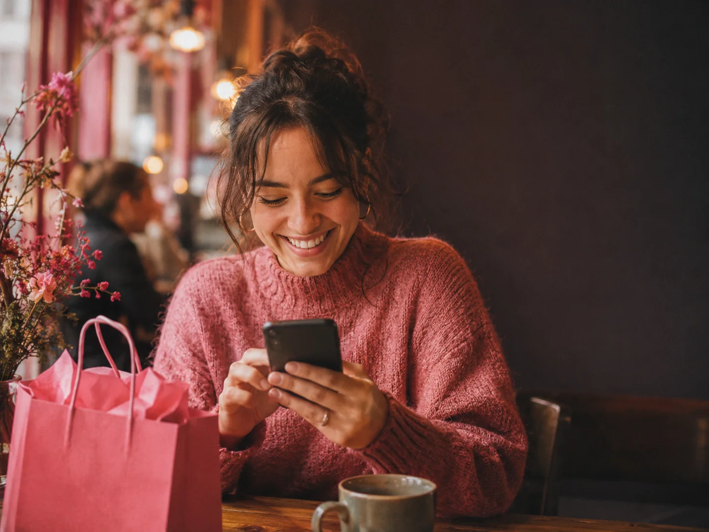 A happy customer completing a purchase on a phone